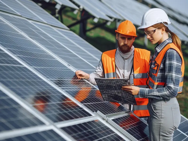 Two workers in orange vests standing next to a solar panel.