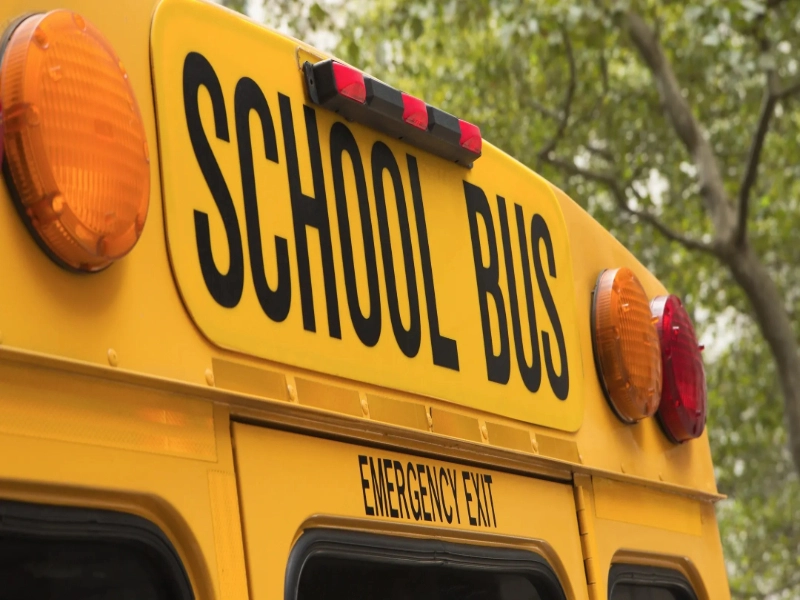 A close up of the side of a school bus.