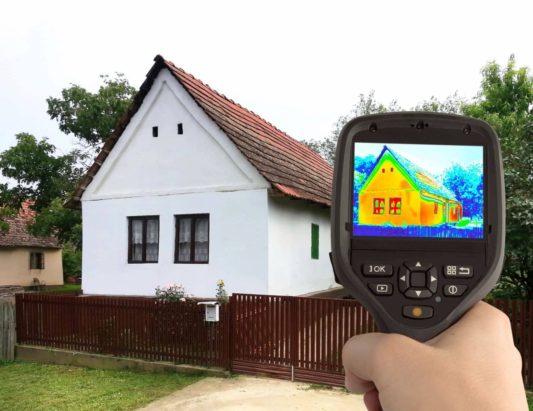 A view of a household with an thermal camera showing areas for potential energy saving.